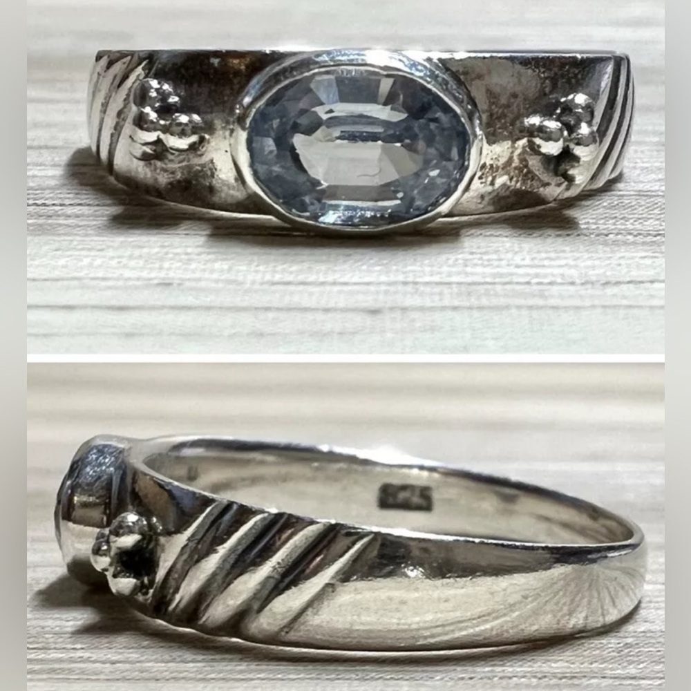 Vintage Sterling Silver Pebbled Tapered Blue Topaz Band Ring, Size 6.25